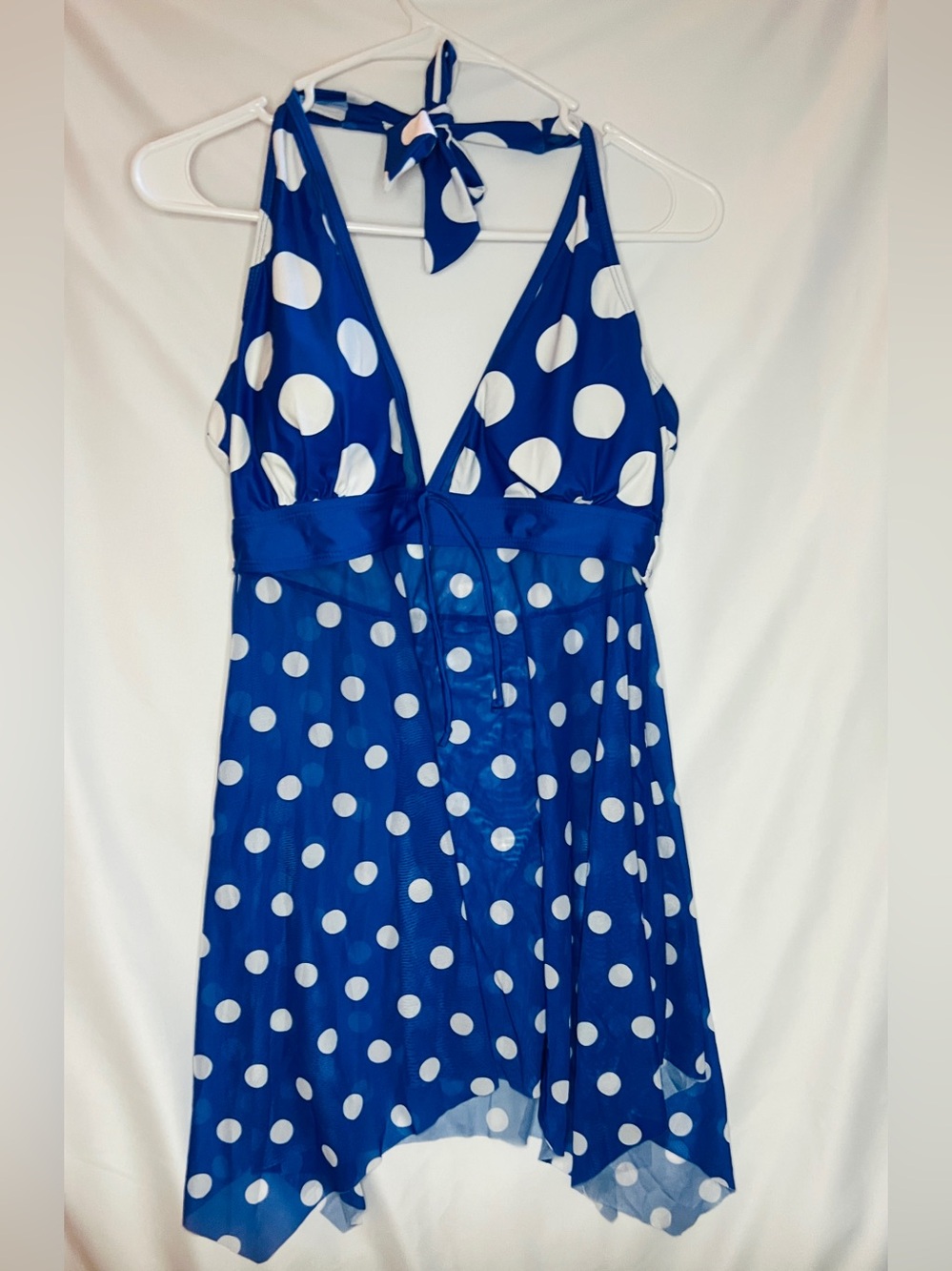 Blue White Polka Dot Swim Dress Halter Neck Top Bathing Suit Plus Size 0XL